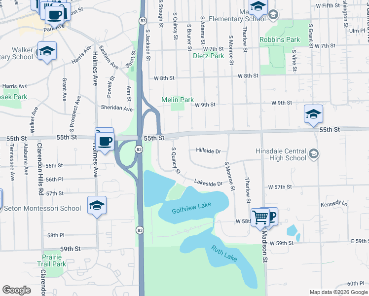 map of restaurants, bars, coffee shops, grocery stores, and more near 71 Frontage Road in Hinsdale