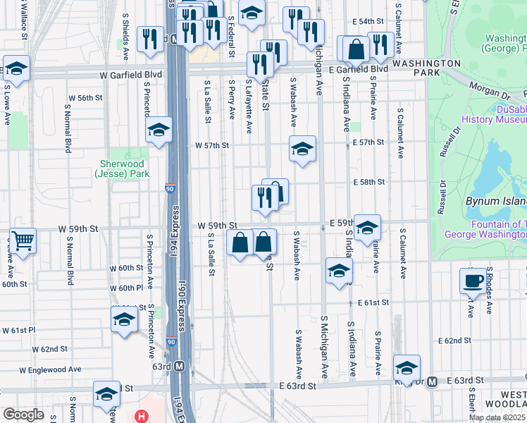 map of restaurants, bars, coffee shops, grocery stores, and more near 5820 South State Street in Chicago