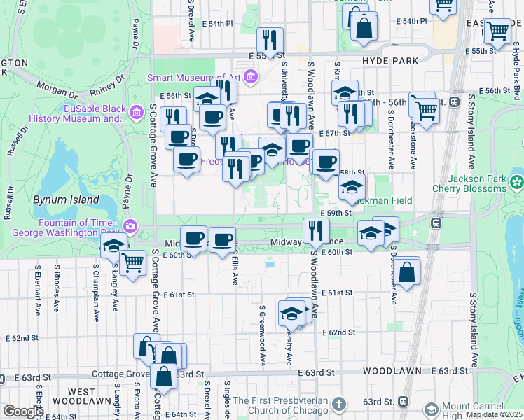 map of restaurants, bars, coffee shops, grocery stores, and more near 1116 East 59th Street in Chicago