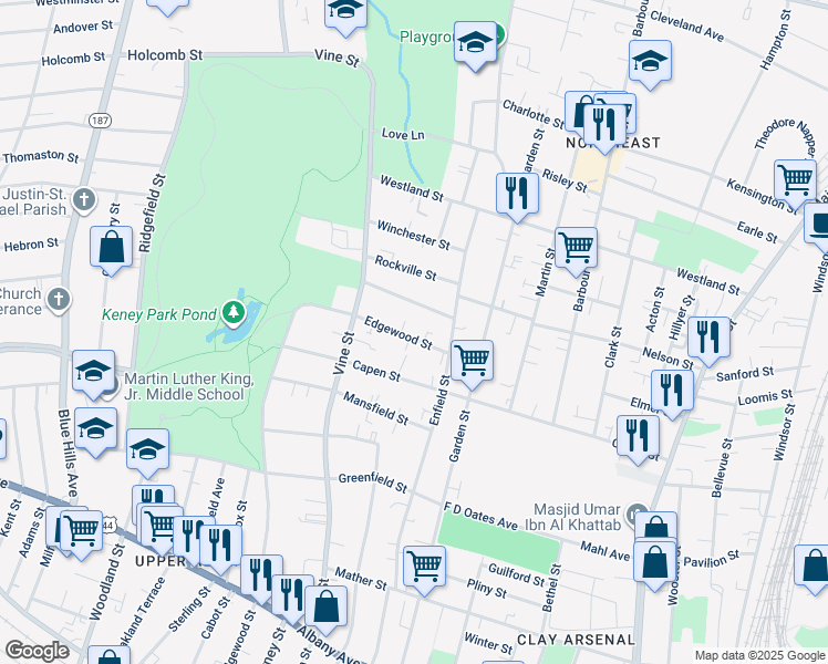 map of restaurants, bars, coffee shops, grocery stores, and more near 455 Edgewood Street in Hartford