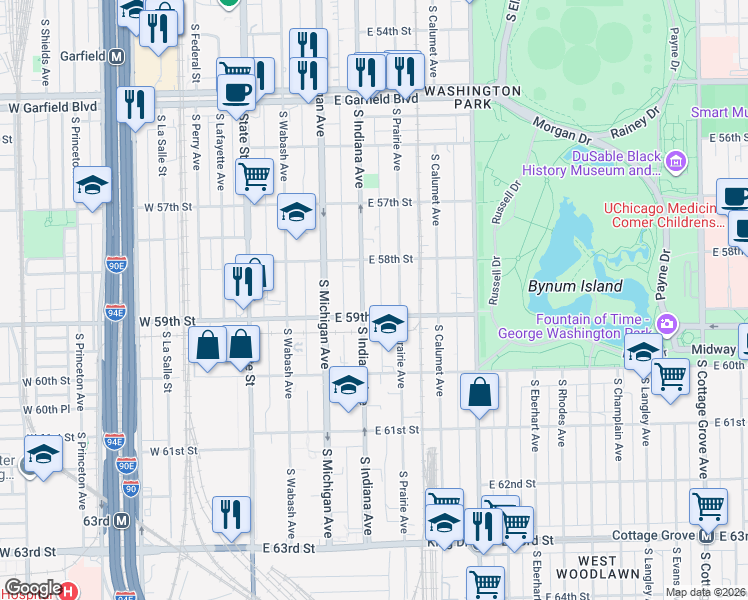map of restaurants, bars, coffee shops, grocery stores, and more near 5819 South Prairie Avenue in Chicago