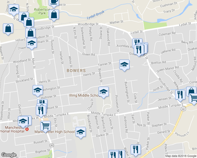 map of restaurants, bars, coffee shops, grocery stores, and more near 76 Bowers Street in Manchester