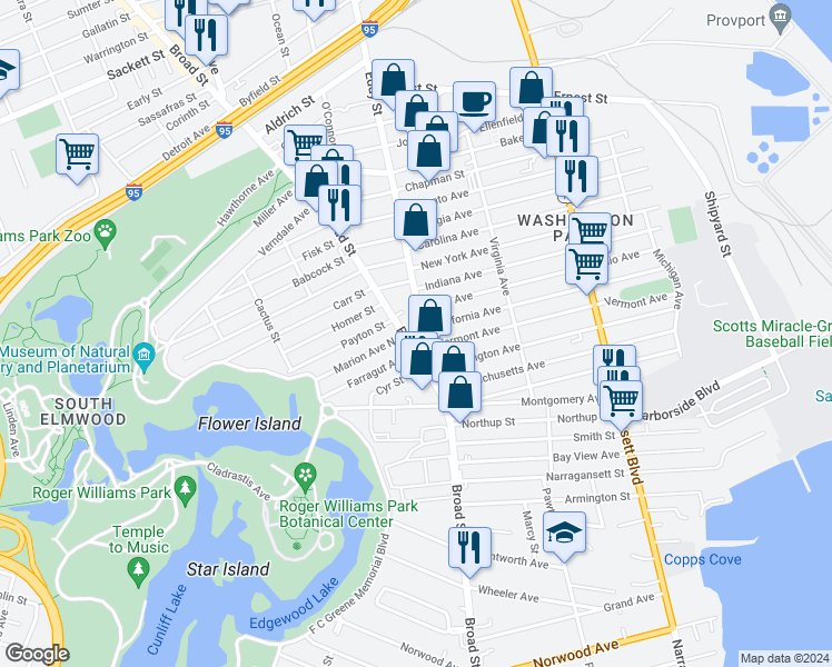 map of restaurants, bars, coffee shops, grocery stores, and more near 1450 Broad Street in Providence