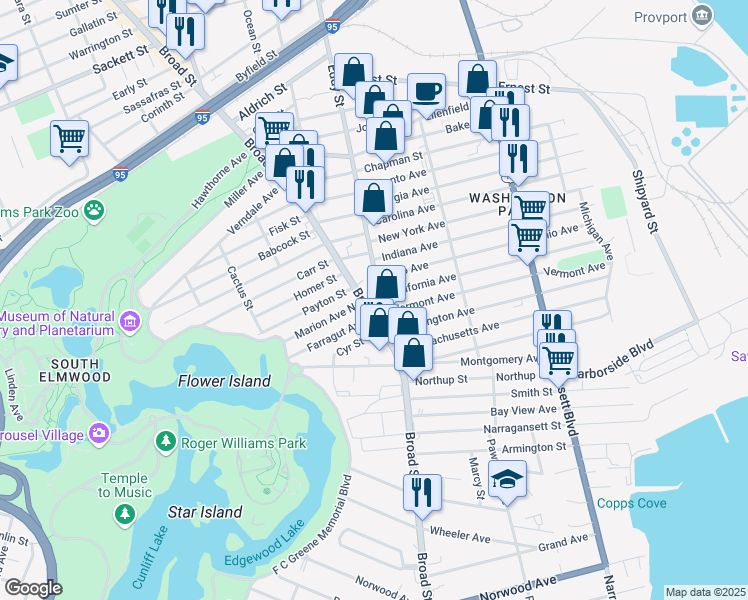 map of restaurants, bars, coffee shops, grocery stores, and more near 1450 Broad Street in Providence