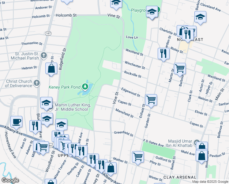 map of restaurants, bars, coffee shops, grocery stores, and more near 259 Vine Street in Hartford