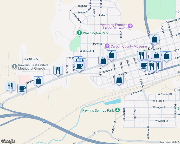 map of restaurants, bars, coffee shops, grocery stores, and more near 1200 Interstate 80 Business Loop in Rawlins