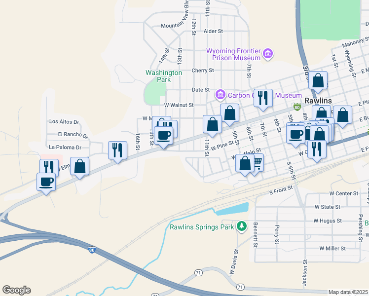 map of restaurants, bars, coffee shops, grocery stores, and more near 1200 Interstate 80 Business Loop in Rawlins