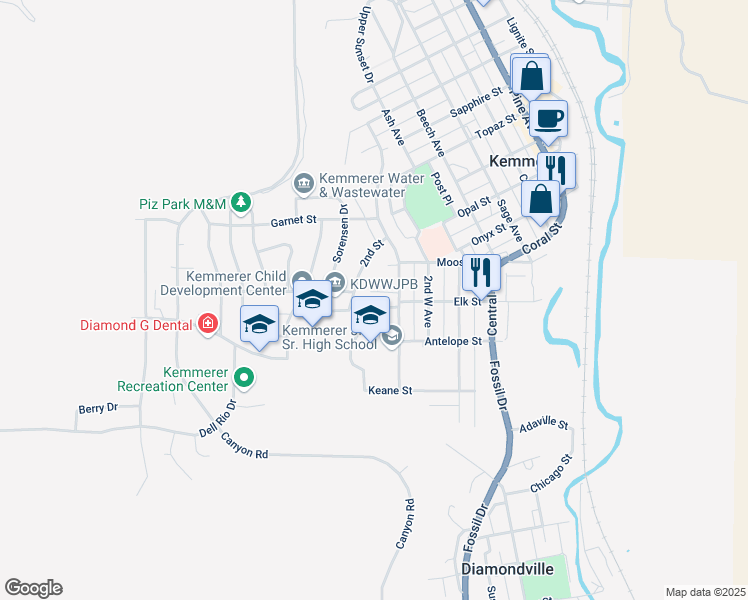 map of restaurants, bars, coffee shops, grocery stores, and more near 911 Elk Street in Kemmerer