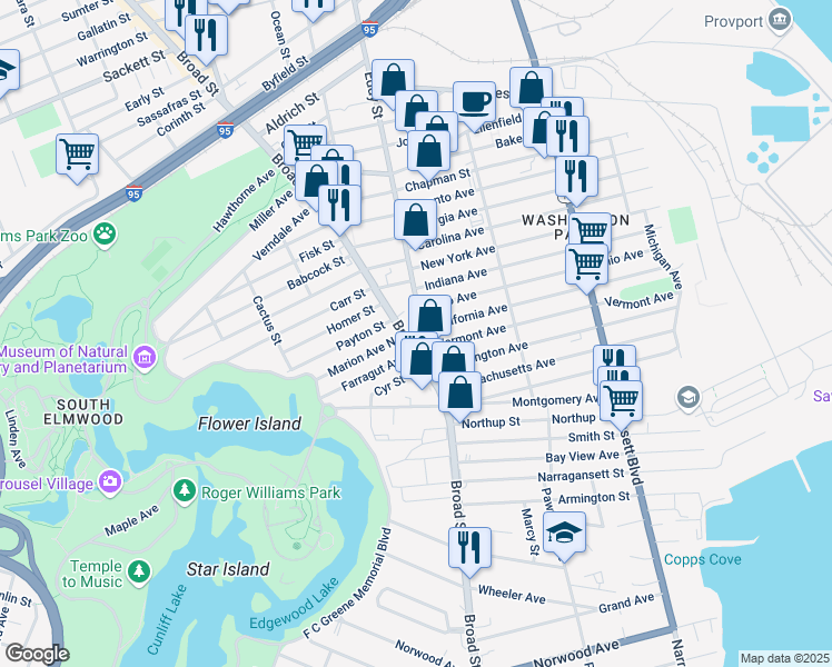 map of restaurants, bars, coffee shops, grocery stores, and more near 1339 Eddy Street in Providence