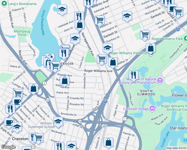 map of restaurants, bars, coffee shops, grocery stores, and more near 119 Roger Williams Avenue in Providence