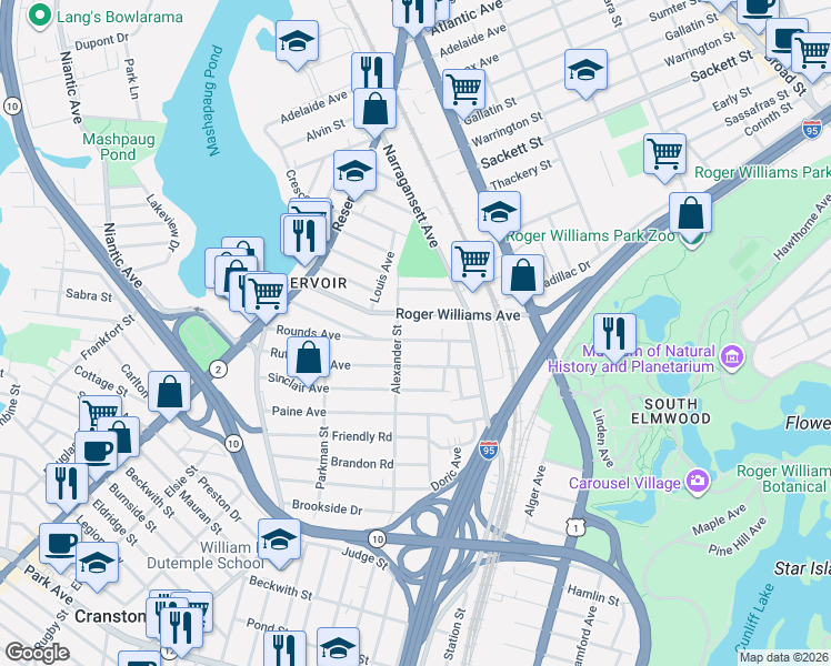 map of restaurants, bars, coffee shops, grocery stores, and more near 154 Roger Williams Avenue in Providence
