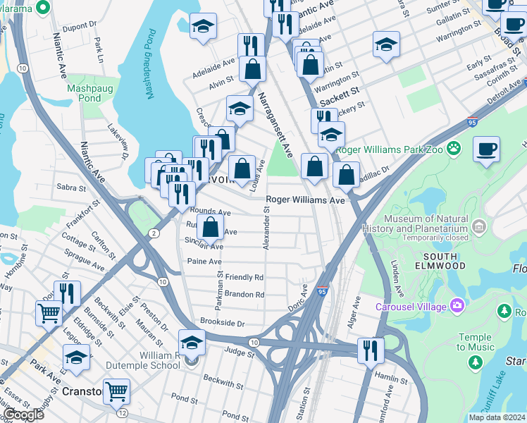 map of restaurants, bars, coffee shops, grocery stores, and more near 180 Roger Williams Avenue in Providence