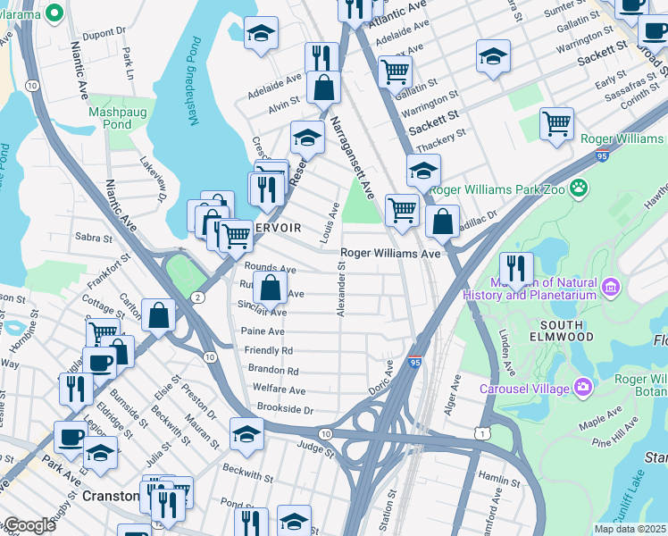 map of restaurants, bars, coffee shops, grocery stores, and more near 180 Roger Williams Avenue in Providence
