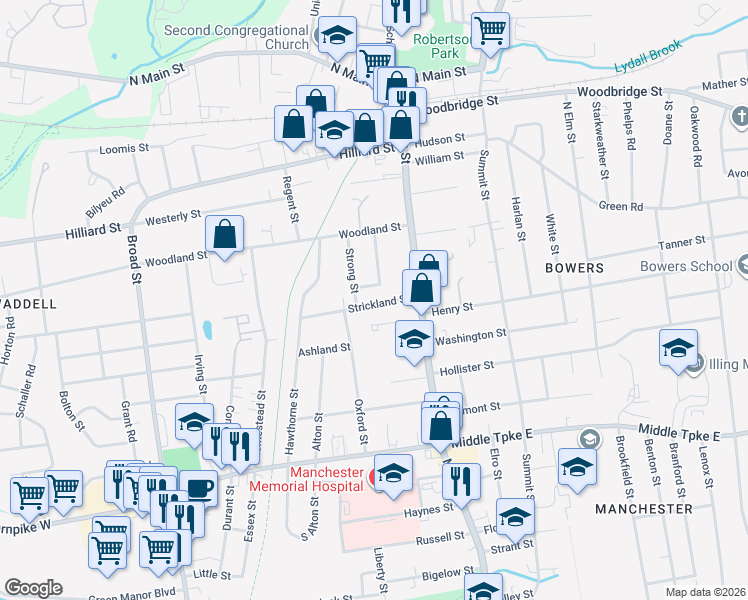 map of restaurants, bars, coffee shops, grocery stores, and more near 45 Strong Street in Manchester