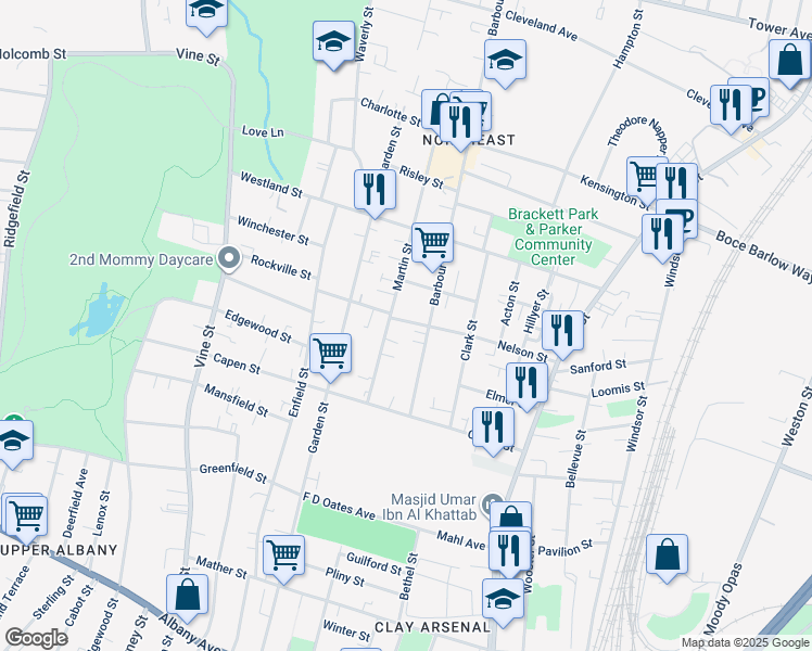 map of restaurants, bars, coffee shops, grocery stores, and more near 110 Martin Street in Hartford