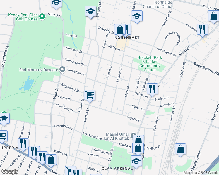 map of restaurants, bars, coffee shops, grocery stores, and more near 110 Martin Street in Hartford