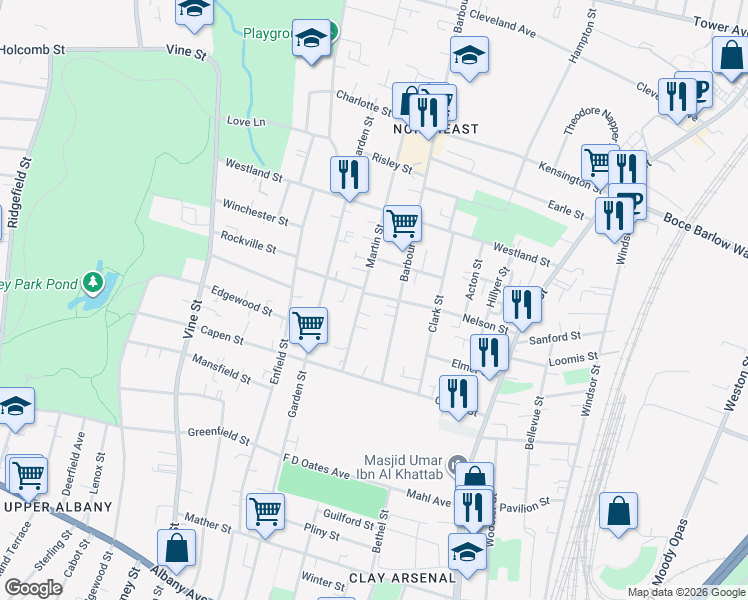 map of restaurants, bars, coffee shops, grocery stores, and more near 110 Martin Street in Hartford