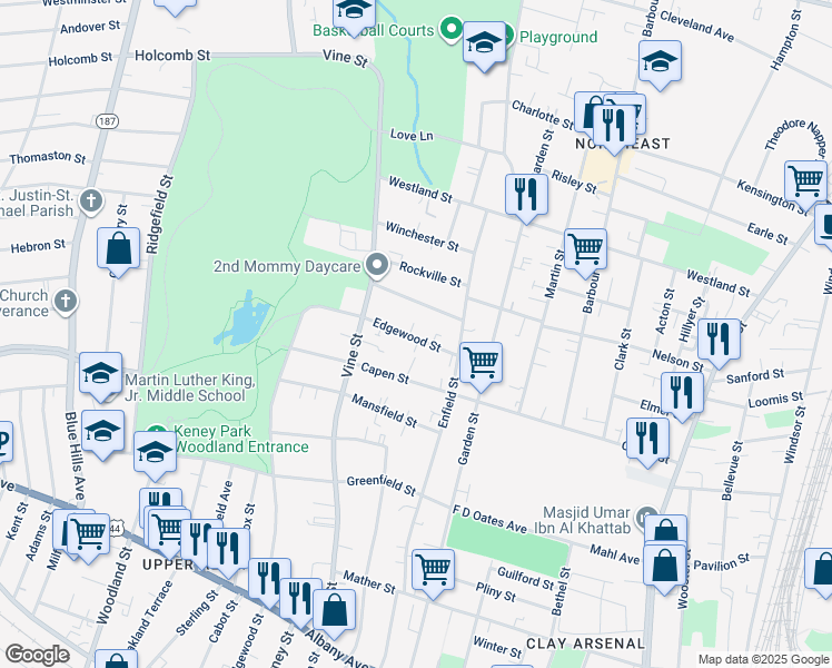 map of restaurants, bars, coffee shops, grocery stores, and more near 39 Vineland Terrace in Hartford