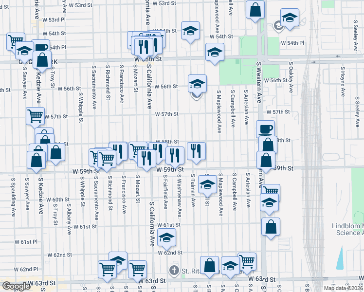 map of restaurants, bars, coffee shops, grocery stores, and more near 5754 South Washtenaw Avenue in Chicago
