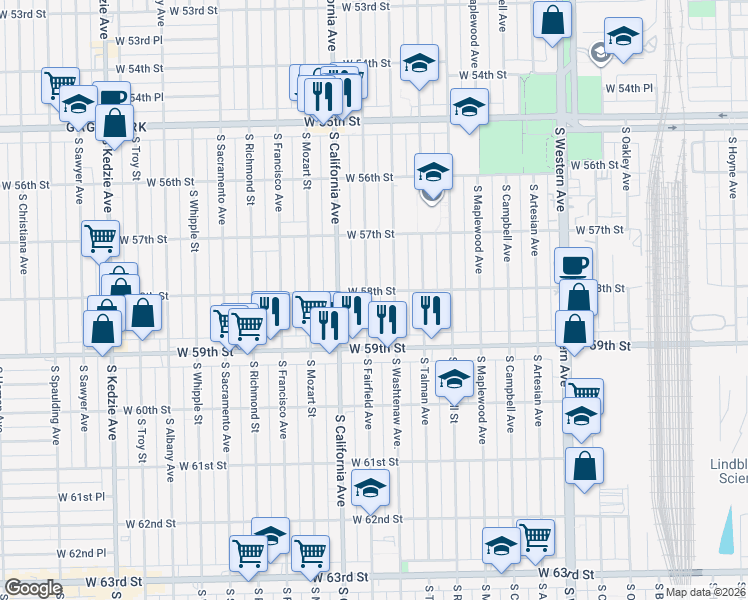 map of restaurants, bars, coffee shops, grocery stores, and more near 5754 South Washtenaw Avenue in Chicago