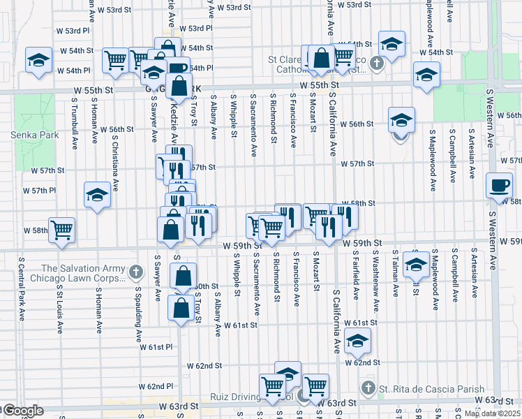 map of restaurants, bars, coffee shops, grocery stores, and more near 5748 South Richmond Street in Chicago