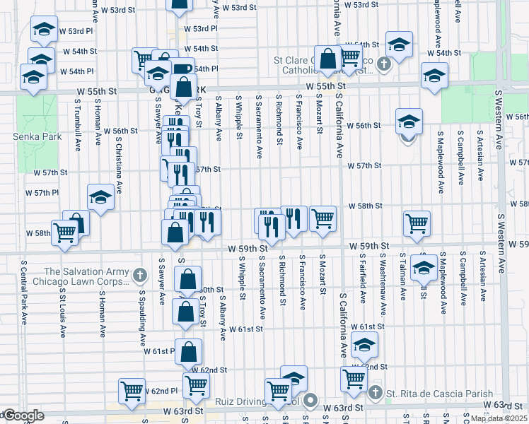 map of restaurants, bars, coffee shops, grocery stores, and more near 5748 South Sacramento Avenue in Chicago