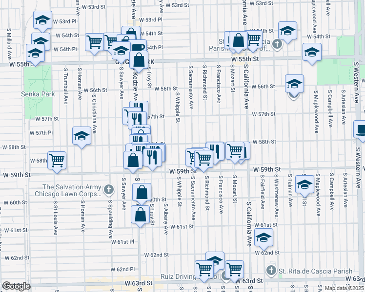 map of restaurants, bars, coffee shops, grocery stores, and more near 5748 South Sacramento Avenue in Chicago