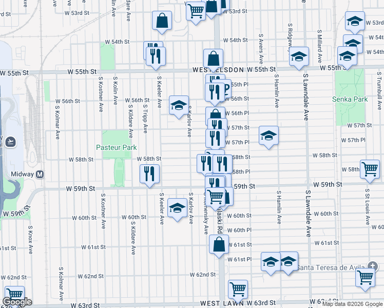 map of restaurants, bars, coffee shops, grocery stores, and more near 4111 West 57th Place in Chicago