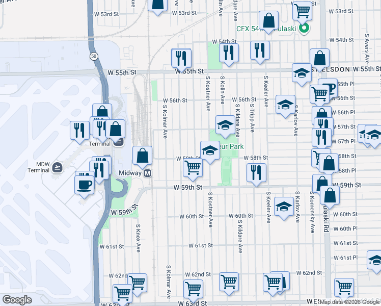 map of restaurants, bars, coffee shops, grocery stores, and more near 5735 South Kilbourn Avenue in Chicago