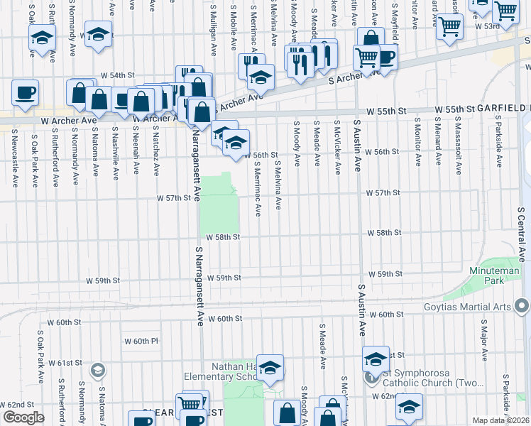map of restaurants, bars, coffee shops, grocery stores, and more near 5704 South Melvina Avenue in Chicago