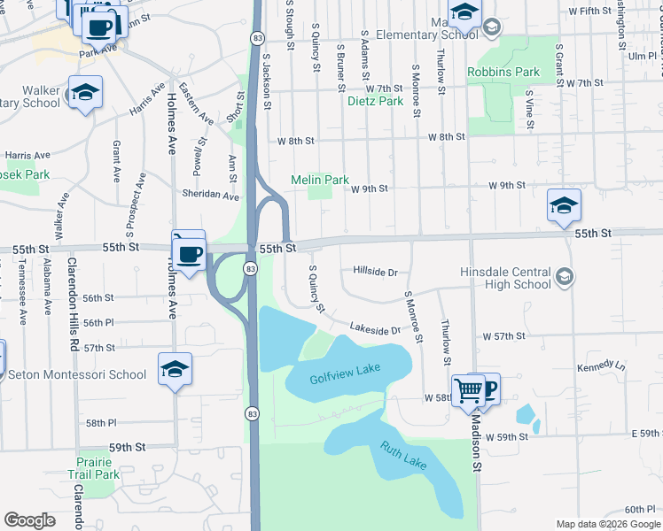 map of restaurants, bars, coffee shops, grocery stores, and more near 71 Frontage Road in Hinsdale