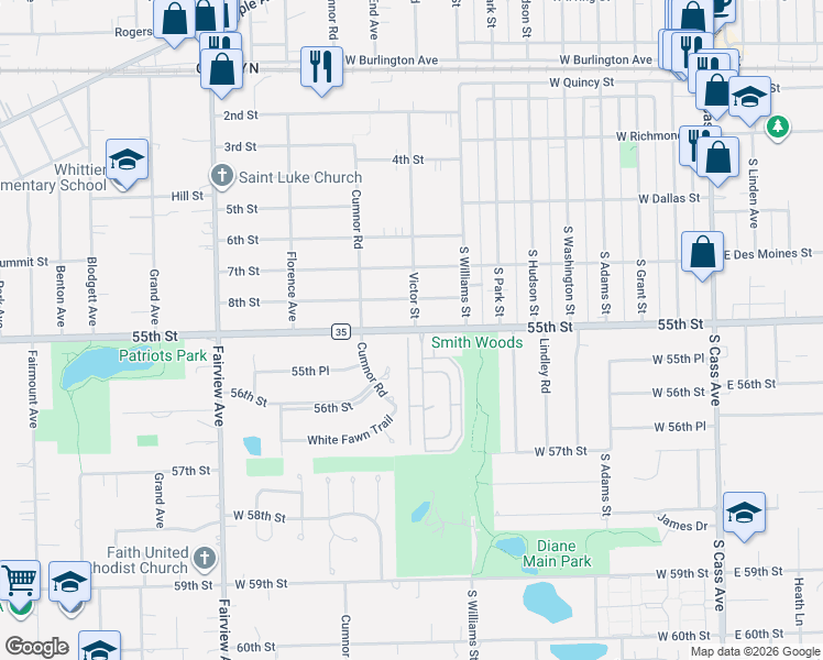 map of restaurants, bars, coffee shops, grocery stores, and more near 5426 Victor Street in Downers Grove