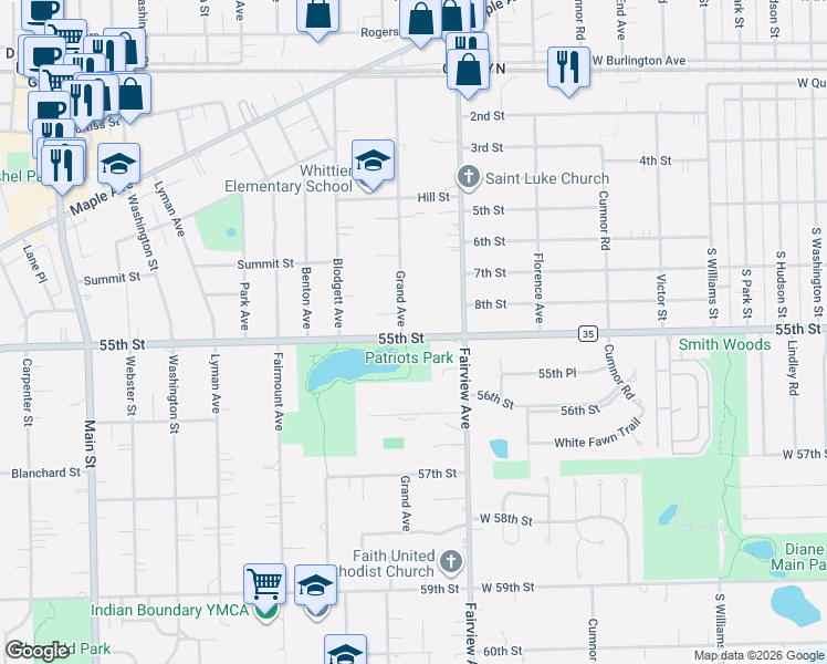 map of restaurants, bars, coffee shops, grocery stores, and more near 5470 Grand Avenue in Downers Grove