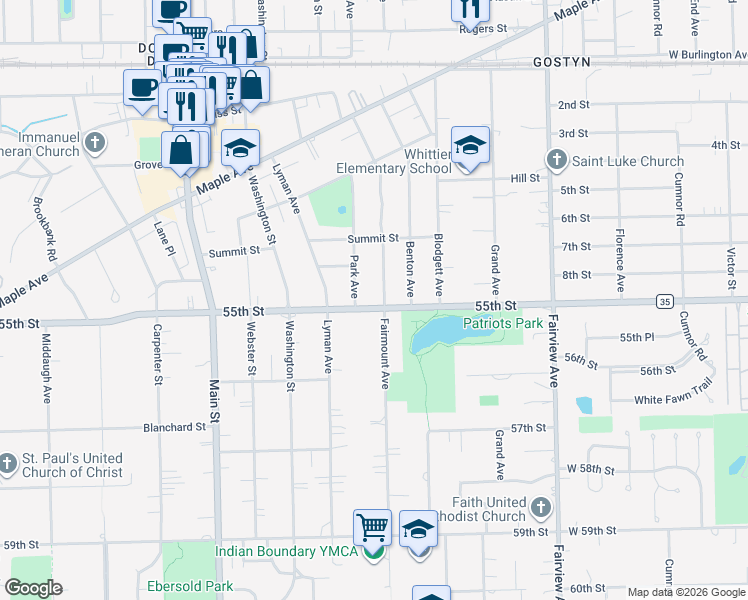 map of restaurants, bars, coffee shops, grocery stores, and more near 5422 Fairmount Avenue in Downers Grove