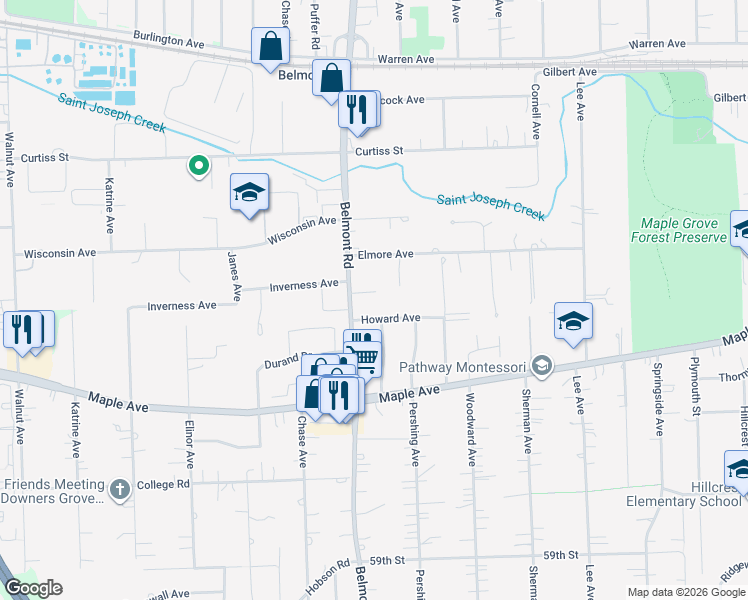 map of restaurants, bars, coffee shops, grocery stores, and more near 2134 Ashley Court in Downers Grove