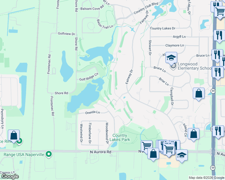 map of restaurants, bars, coffee shops, grocery stores, and more near 1436 Bayou Path Drive in Naperville