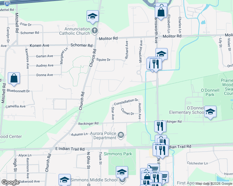 map of restaurants, bars, coffee shops, grocery stores, and more near 1579 Colleen Lane in Aurora
