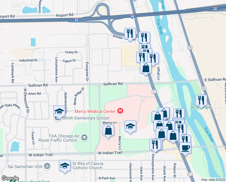 map of restaurants, bars, coffee shops, grocery stores, and more near 400-498 Sullivan Road in Aurora
