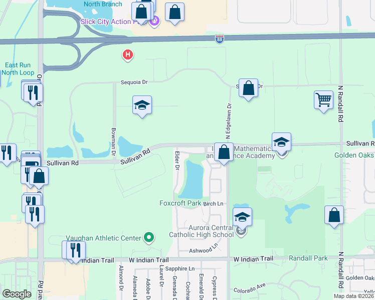 map of restaurants, bars, coffee shops, grocery stores, and more near 1985 Bayview Lane in Aurora