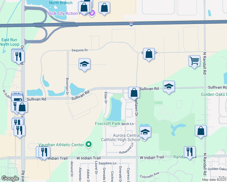 map of restaurants, bars, coffee shops, grocery stores, and more near 1921 Bayview Lane in Aurora