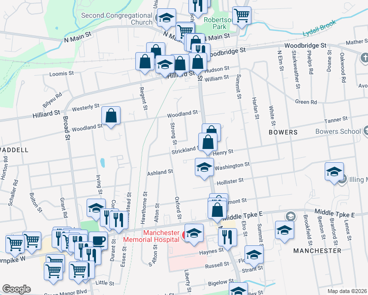 map of restaurants, bars, coffee shops, grocery stores, and more near 45 Strong Street in Manchester