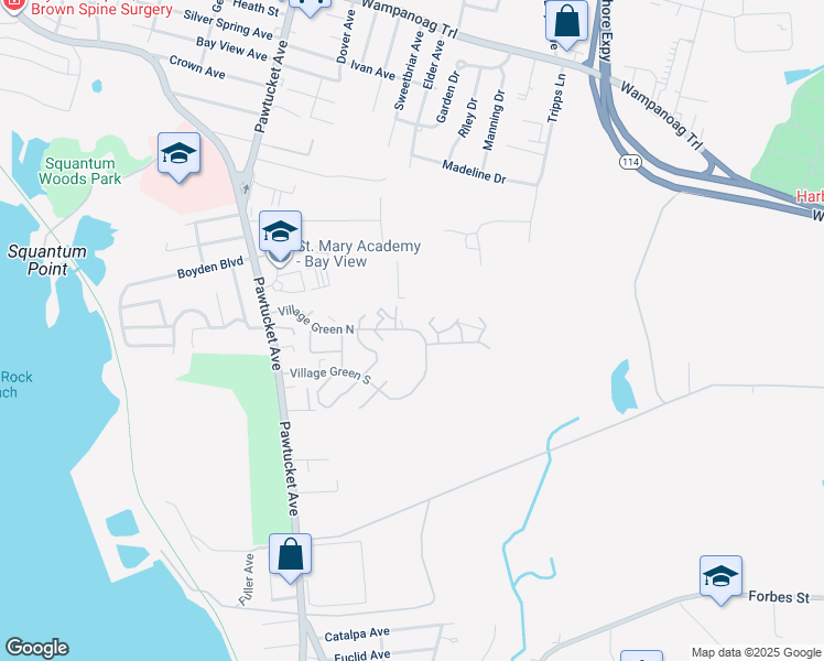 map of restaurants, bars, coffee shops, grocery stores, and more near 125 Village Green North in Riverside