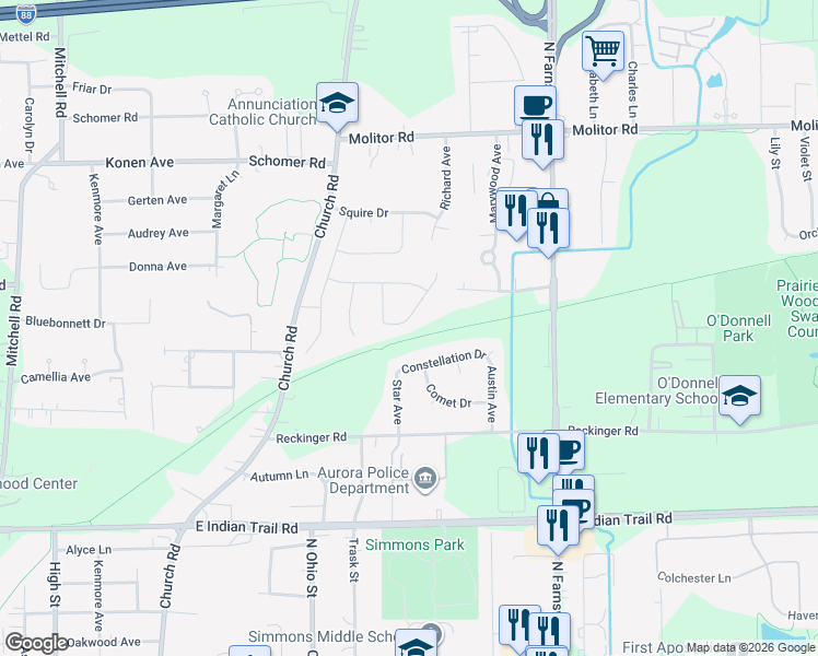 map of restaurants, bars, coffee shops, grocery stores, and more near 1579 Colleen Lane in Aurora