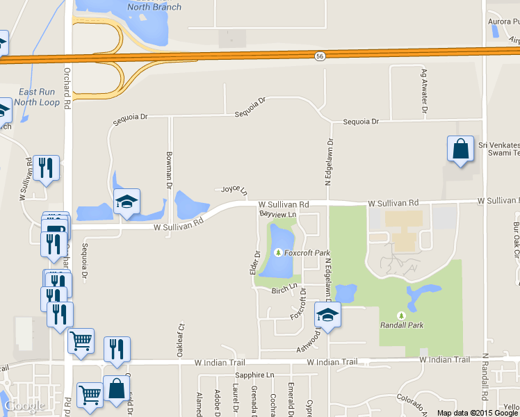 map of restaurants, bars, coffee shops, grocery stores, and more near 1985 Bayview Lane in Aurora