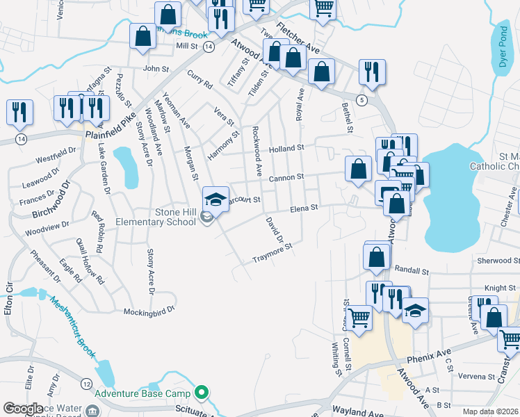 map of restaurants, bars, coffee shops, grocery stores, and more near 231 Rockwood Avenue in Cranston