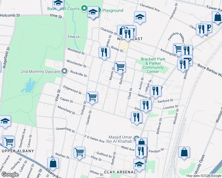 map of restaurants, bars, coffee shops, grocery stores, and more near 139 Nelson Street in Hartford