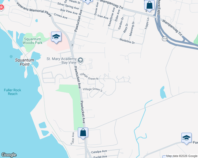map of restaurants, bars, coffee shops, grocery stores, and more near 125 Village Green North in Riverside
