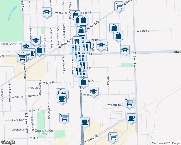 map of restaurants, bars, coffee shops, grocery stores, and more near 9908 56th Street in Countryside