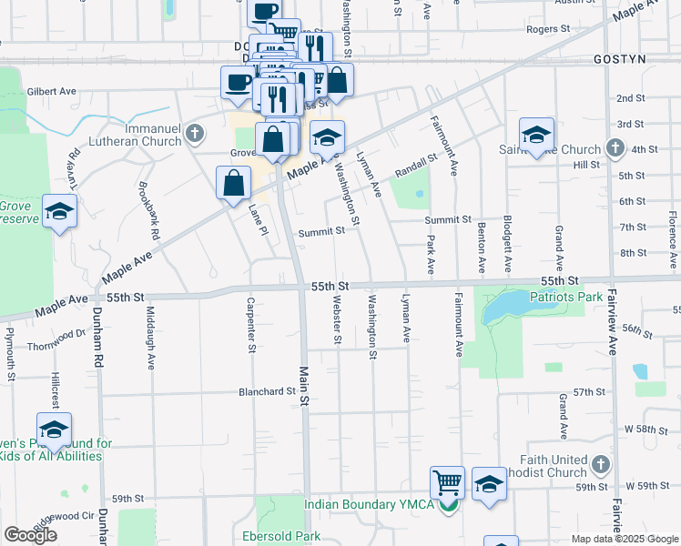 map of restaurants, bars, coffee shops, grocery stores, and more near 5412 Washington Street in Downers Grove