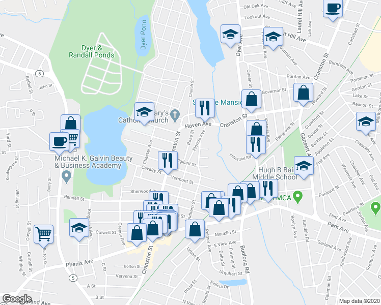 map of restaurants, bars, coffee shops, grocery stores, and more near 78 Florida Avenue in Cranston